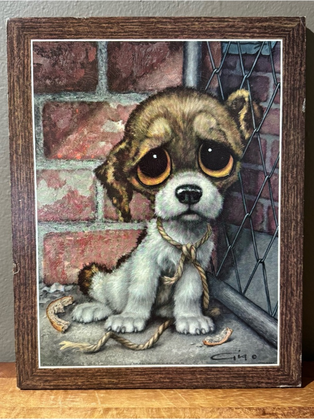 Lithographic Sad-Eye “Pity Puppy” Dog Picture On Pressed Board by Gig, 11 x 14